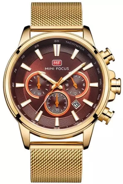 Buy Mini Focus Gold Mesh Maroon 44.5 mm Dial Quartz Gents Chronograph Watch- MF0142G-03 in Pakistan