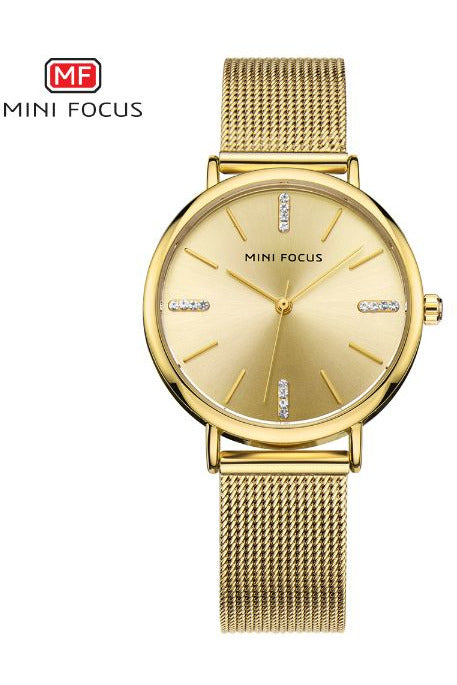 Buy Mini Focus  Golden Stainless Steel Mesh Golden Dial Quartz Watch for Ladies- MF0036L-01 in Pakistan