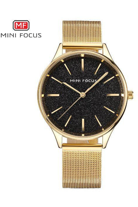 Buy Mini Focus Golden Stainless Steel Mesh Black Dial Quartz Watch for Ladies- MF0044L-4 BL-GL-ST in Pakistan