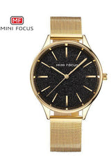 Buy Mini Focus Golden Stainless Steel Mesh Black Dial Quartz Watch for Ladies- MF0044L-4 BL-GL-ST in Pakistan