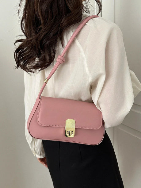 Buy 1pc Solid Color Pu Shoulder Bag With Metal Lock And Adjustable Strap in Pakistan