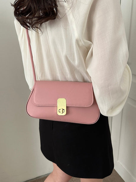 Buy 1pc Solid Color Pu Shoulder Bag With Metal Lock And Adjustable Strap in Pakistan