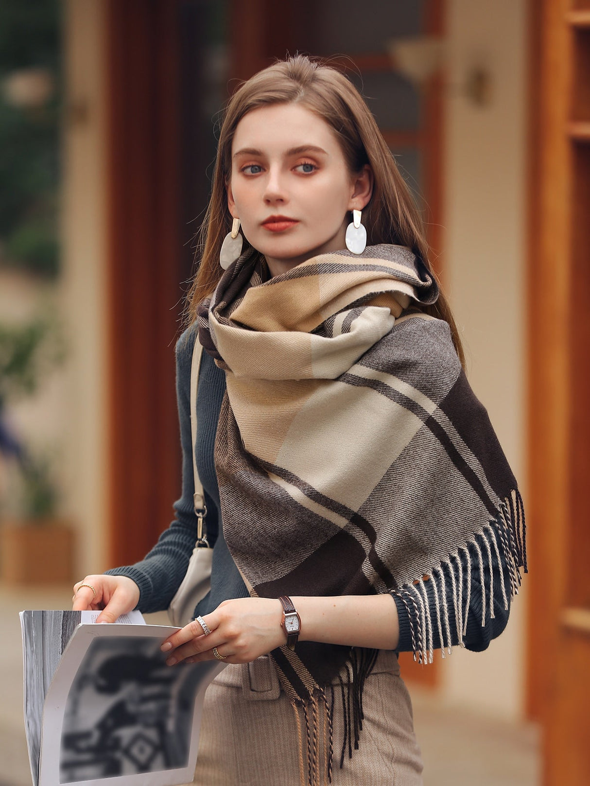 Buy SHEIN 1pc Women's Multicolor Plaid Tassel Design Faux Cashmere Warm Fashion Poncho Scarf, Plus Size Suitable For Daily Use in Pakistan