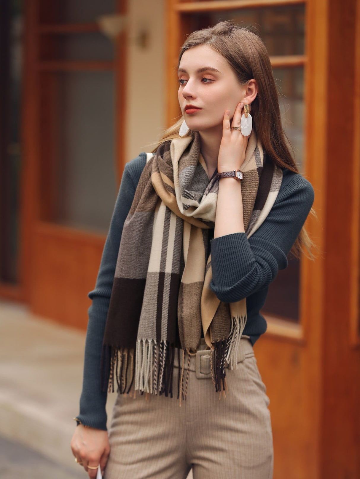 Buy SHEIN 1pc Women's Multicolor Plaid Tassel Design Faux Cashmere Warm Fashion Poncho Scarf, Plus Size Suitable For Daily Use in Pakistan