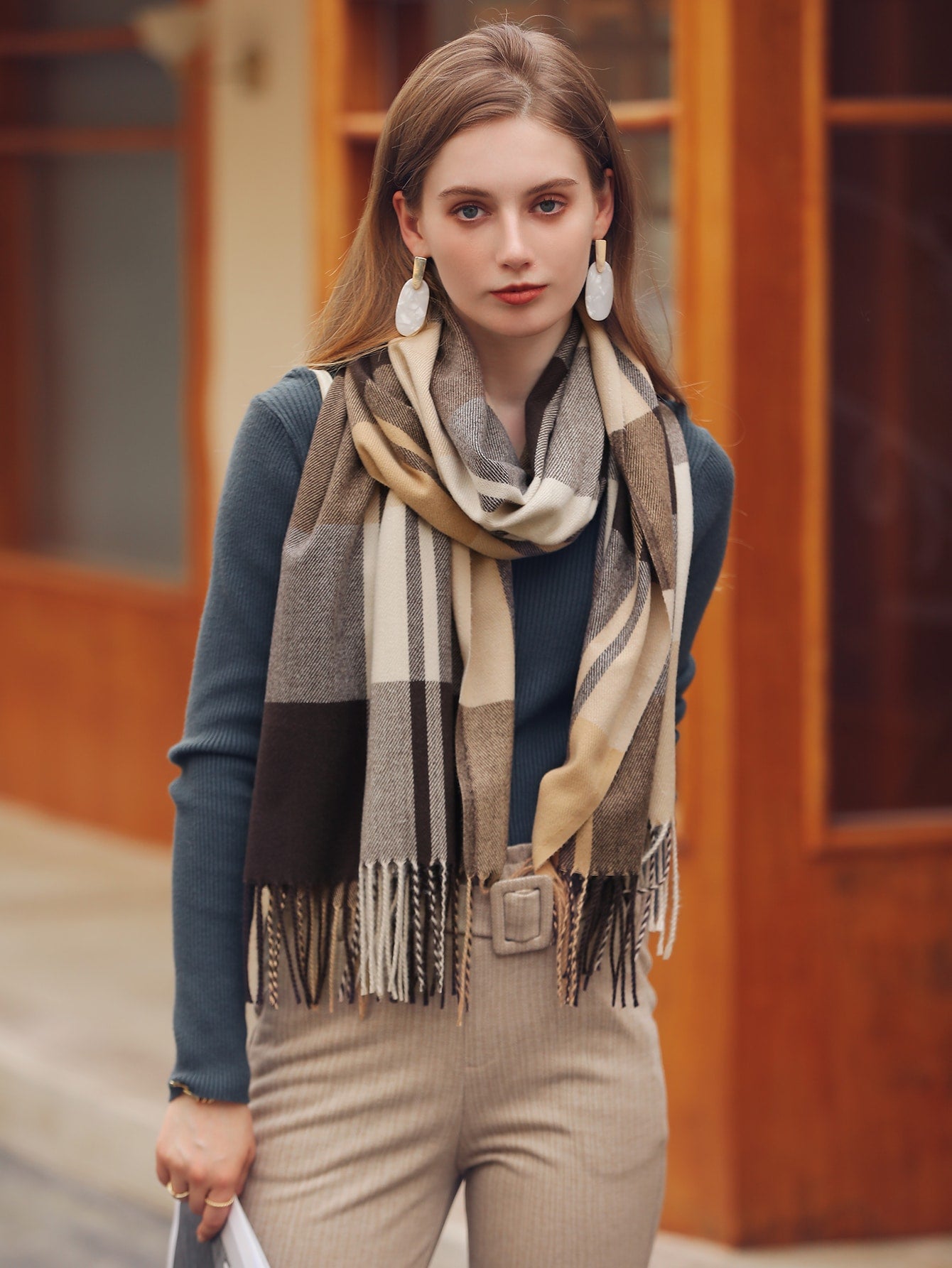 Buy SHEIN 1pc Women's Multicolor Plaid Tassel Design Faux Cashmere Warm Fashion Poncho Scarf, Plus Size Suitable For Daily Use in Pakistan