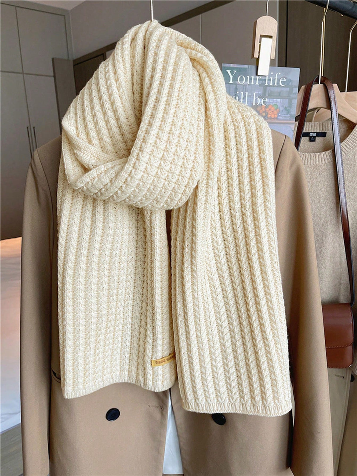 Buy SHEIN 1pc Women's Solid Color Thick Knitted Wool Scarf With Decoration, Winter Neck Warmer in Pakistan