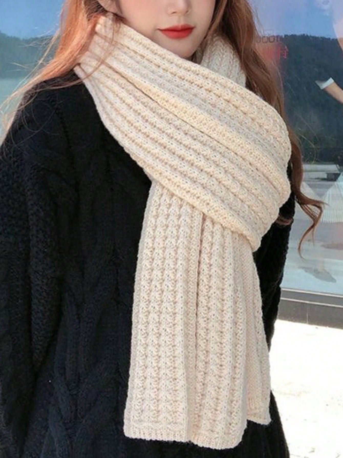 Buy SHEIN 1pc Women's Solid Color Thick Knitted Wool Scarf With Decoration, Winter Neck Warmer in Pakistan