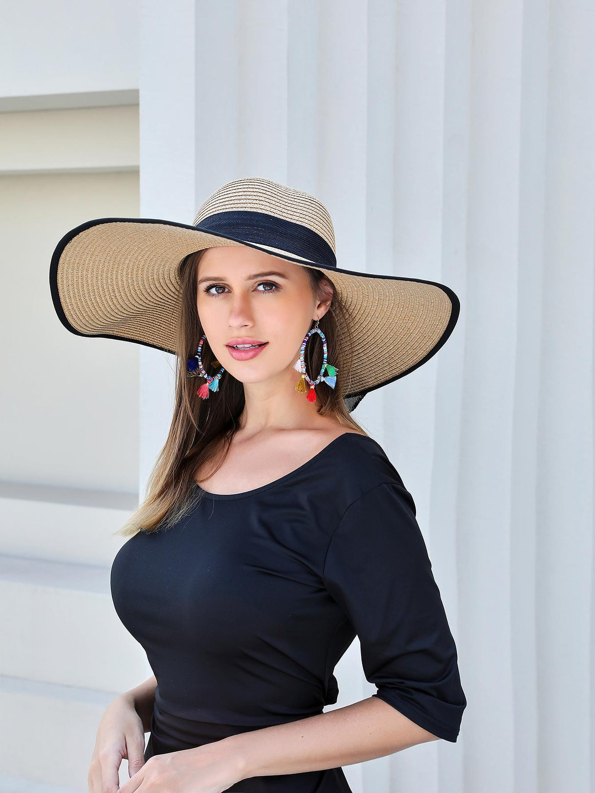 Buy SHEIN 1pc Women's Wide Brim Straw Hat With Ribbon Bow in Pakistan