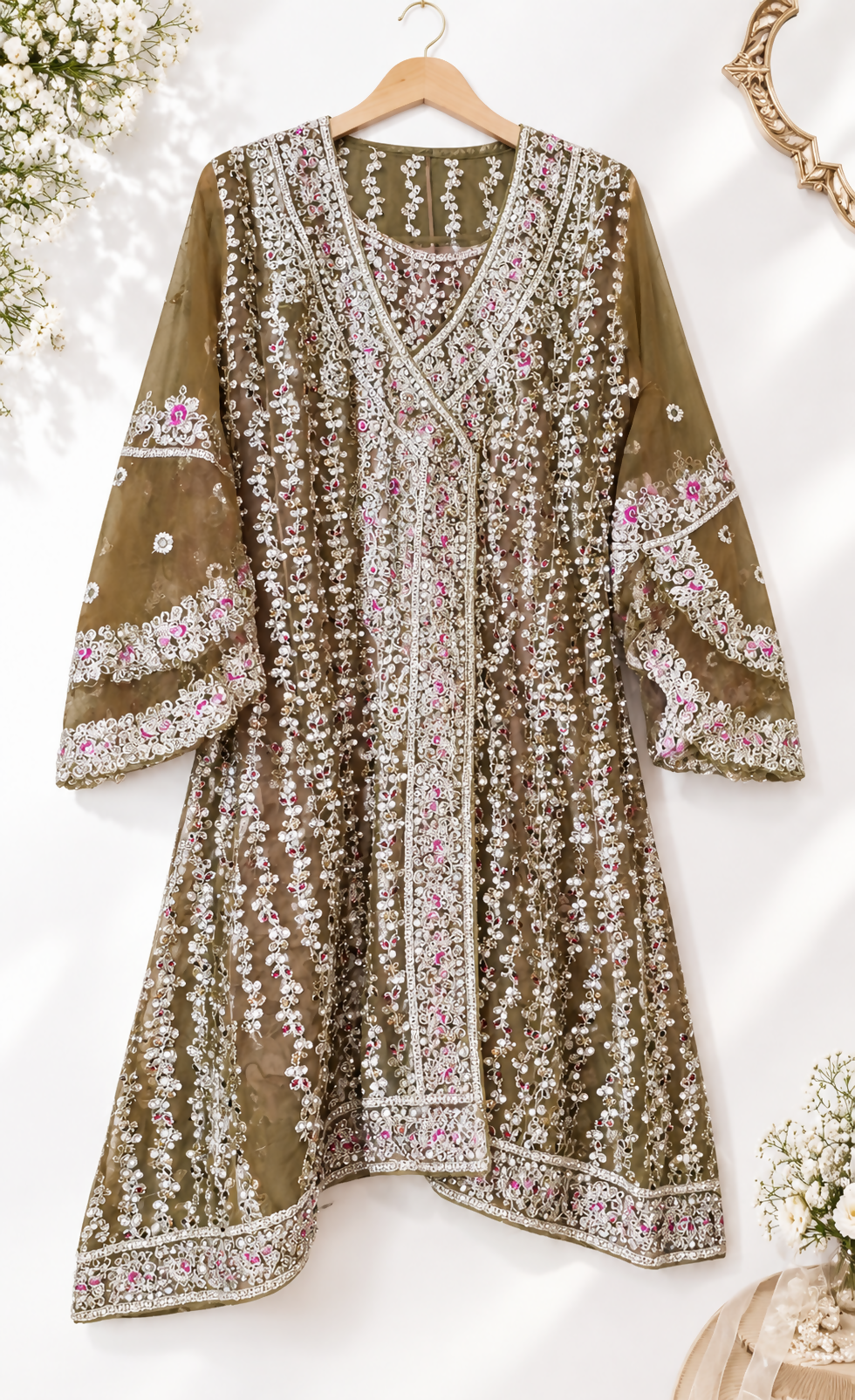 Olive Embroidered Kurta | Women Locally Made Formals | Large | Worn Once