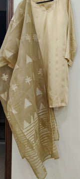 Golden 3PC Suit With Farshi Shalwar | Women Locally Made Kurta | Medium | New