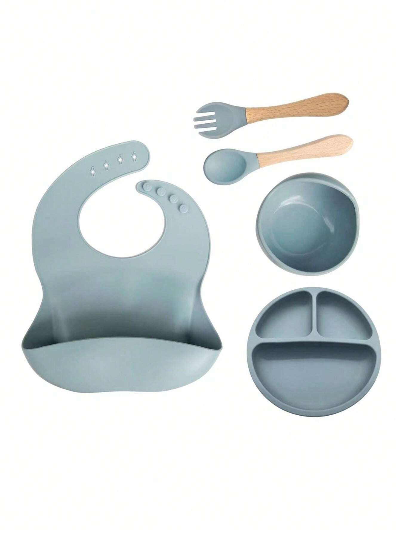 Buy SHEIN 5pcs Baby Feeding Set - Silicone Bib, Suction Bowl, Spoon, Fork, Suitable For Dishwasher in Pakistan