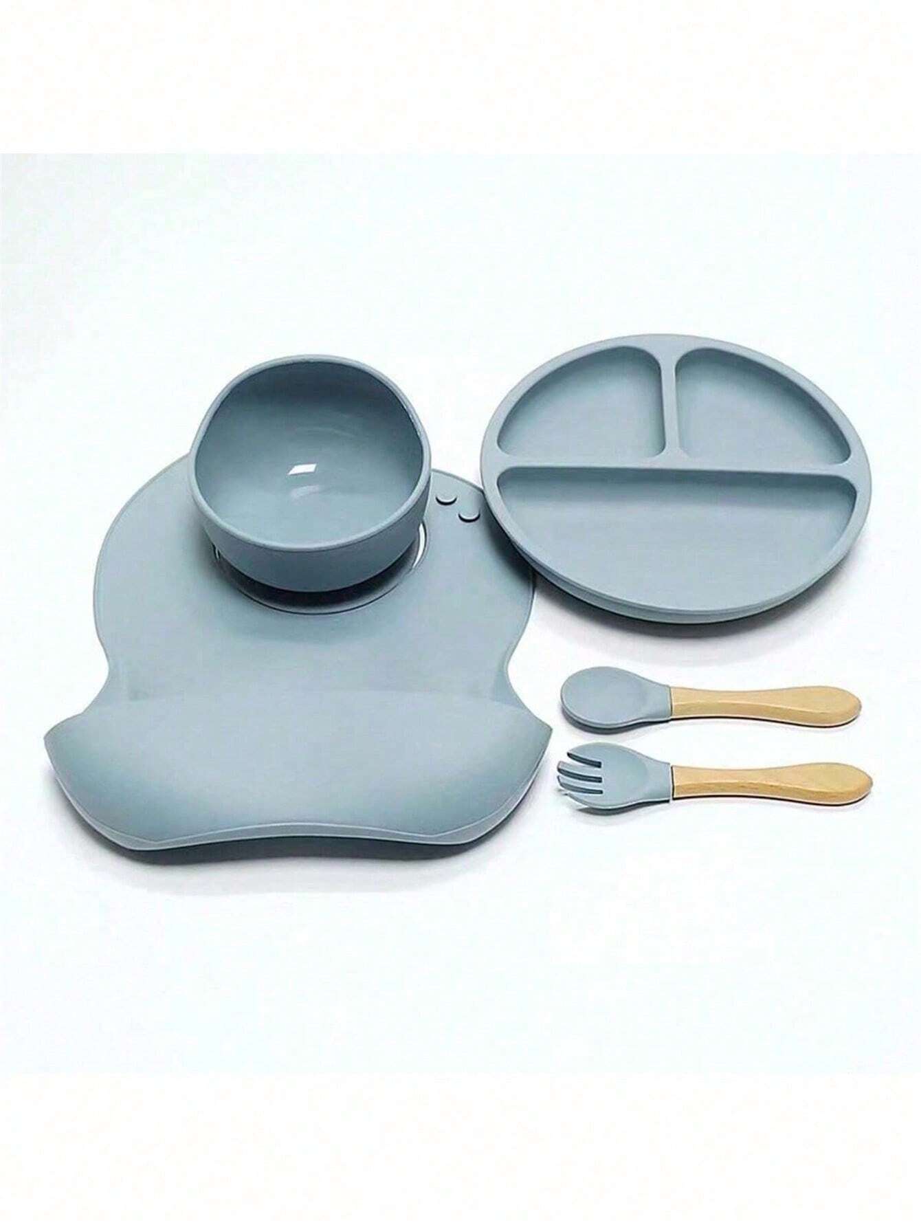 Buy SHEIN 5pcs Baby Feeding Set - Silicone Bib, Suction Bowl, Spoon, Fork, Suitable For Dishwasher in Pakistan