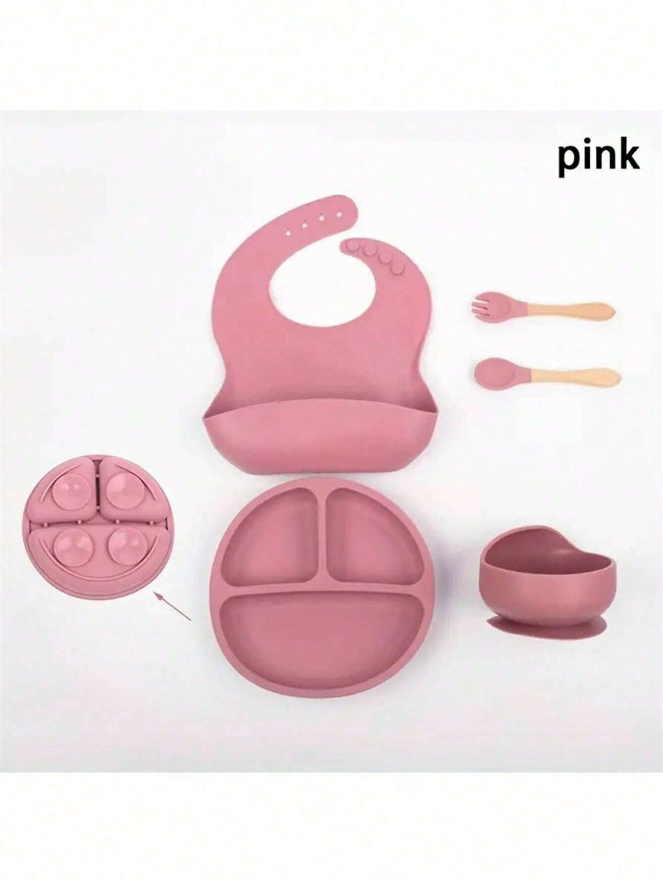 Buy SHEIN 5pcs Baby Feeding Set - Silicone Bib, Suction Bowl, Spoon, Fork, Suitable For Dishwasher in Pakistan