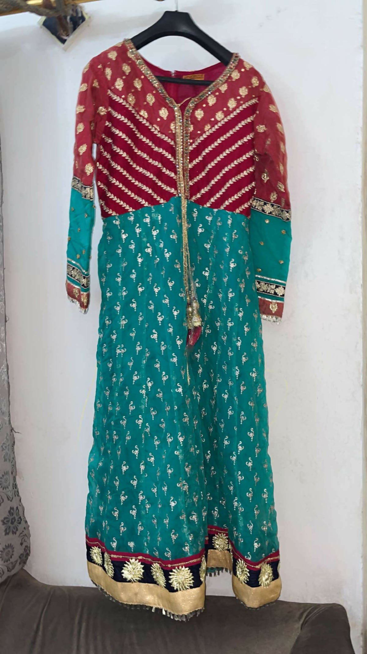 Frock with Gharara | Women Locally Made Formals | Small | Blue & Red | Brand New