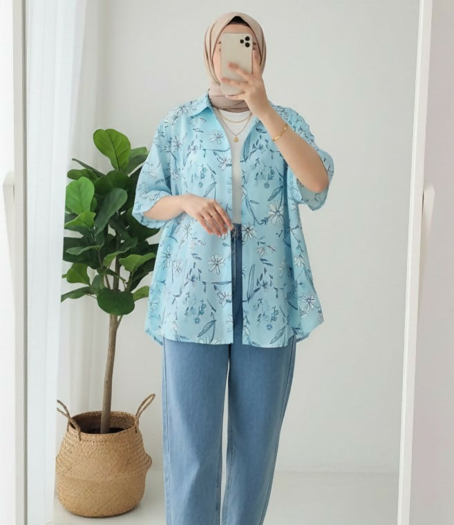 Sky Blue Floral Baggy Shirt stylish Western Top | Women Tops & Shirts | XLarge | Preloved