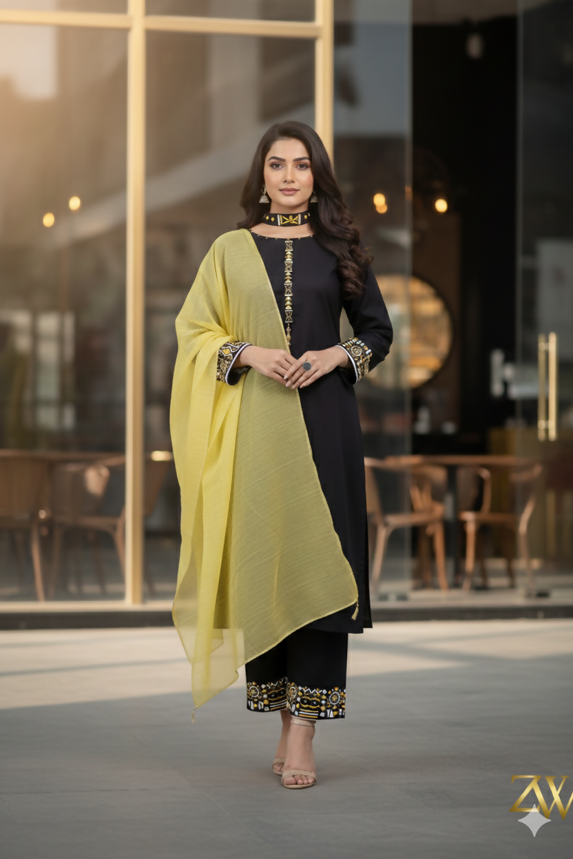 Hand Painted 3Pcs | Women Locally Made Kurta | Black | Medium | Brand New