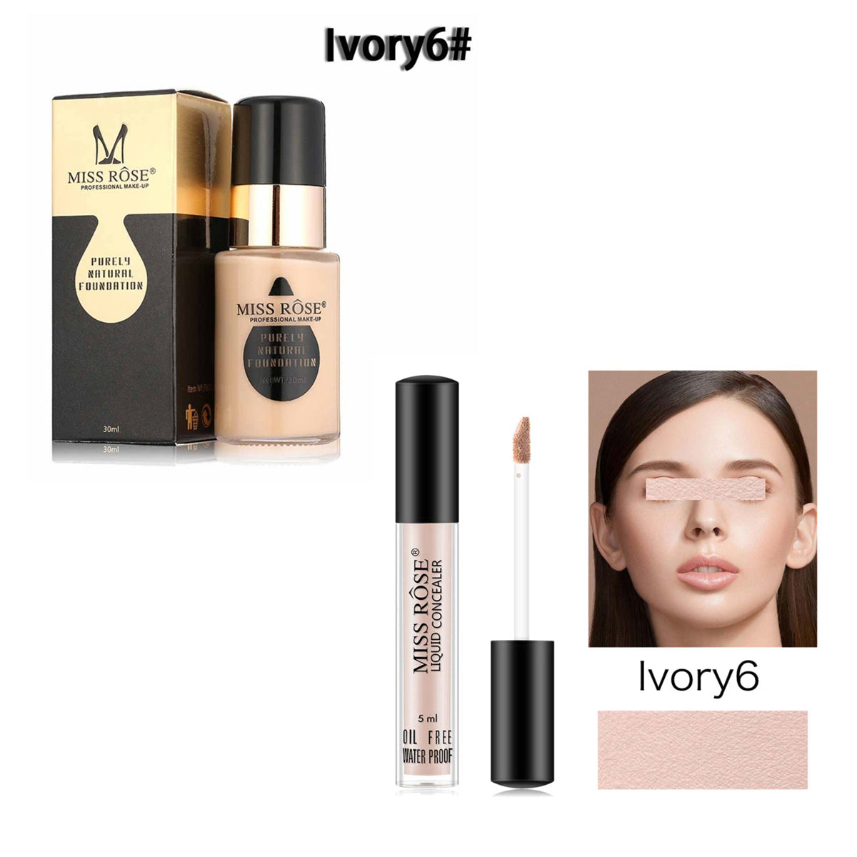 Buy Miss Rose Pack Of 2 Waterproof Moisturizing Oil Free Full Coverage Deep Whitener Liquid Foundation 30ml & Concealer in Pakistan