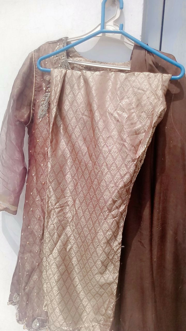 3PC Brown Embroidered Organza Dress | Women Locally Made Formals | Large | Worn Once