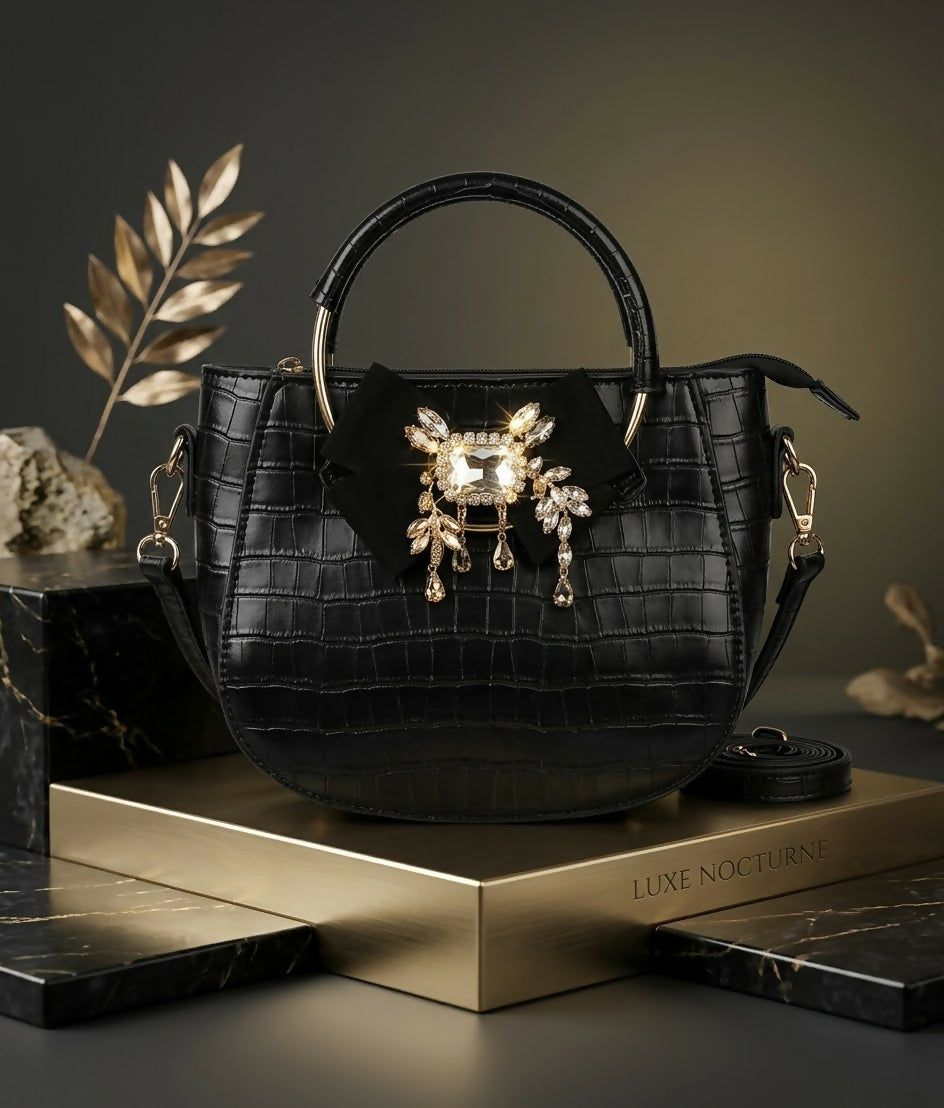 Luxury Croc-Texture Handbag with Crystal Brooch | Women Bags | Shoulder & Tote Bags | Black | Preloved