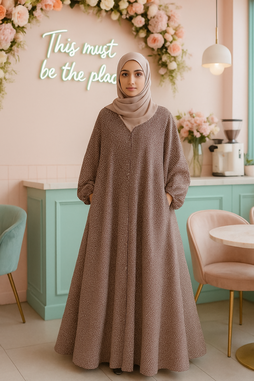 Brown Printed Front Open Abaya | Women Accessories | Large | Brand New