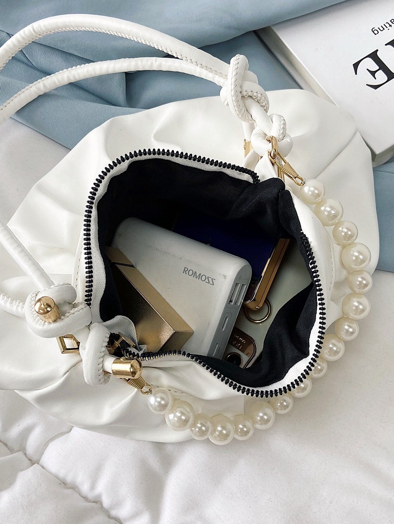 Buy SHEIN Argyle Princess Faux Pearl & Rhinestone Pearl Chain & Decor Minimalist Pearls Decor Ruched Bag in Pakistan
