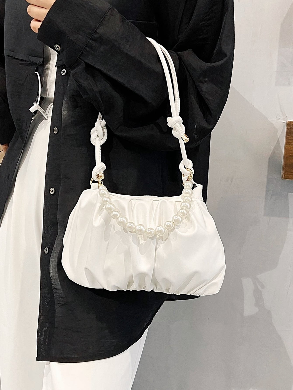 Buy SHEIN Argyle Princess Faux Pearl & Rhinestone Pearl Chain & Decor Minimalist Pearls Decor Ruched Bag For Party, Wedding, Prom And Dinner, Lipsticks, Women's Pearl BagMinimalist,Fashion in Pakistan