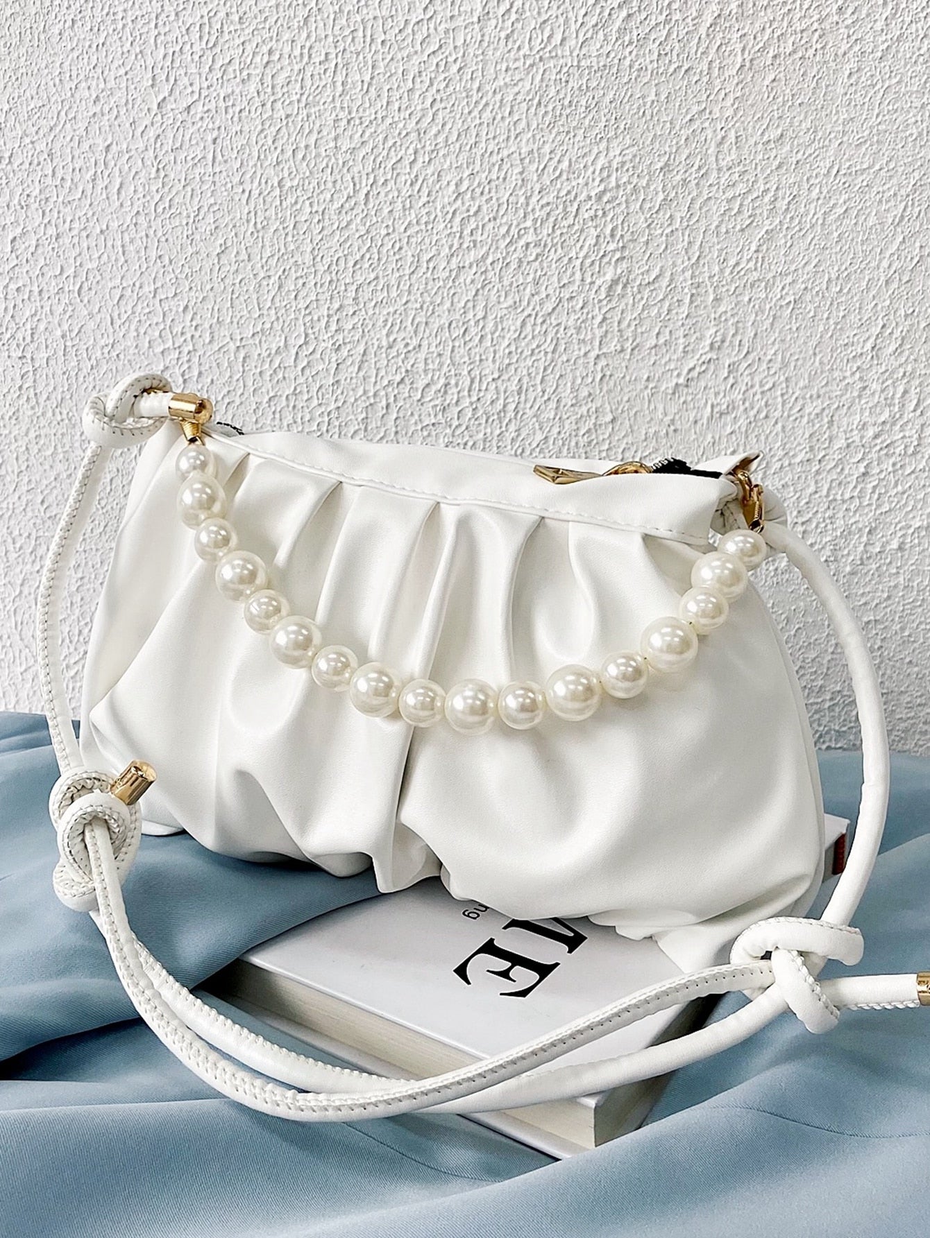 Buy SHEIN Argyle Princess Faux Pearl & Rhinestone Pearl Chain & Decor Minimalist Pearls Decor Ruched Bag in Pakistan