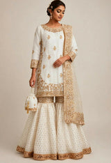 Fancy Gharara Dress | Women Locally Made Formals | Ghararas Shararas & Lehangas | Golden & Off White | Medium | Brand New