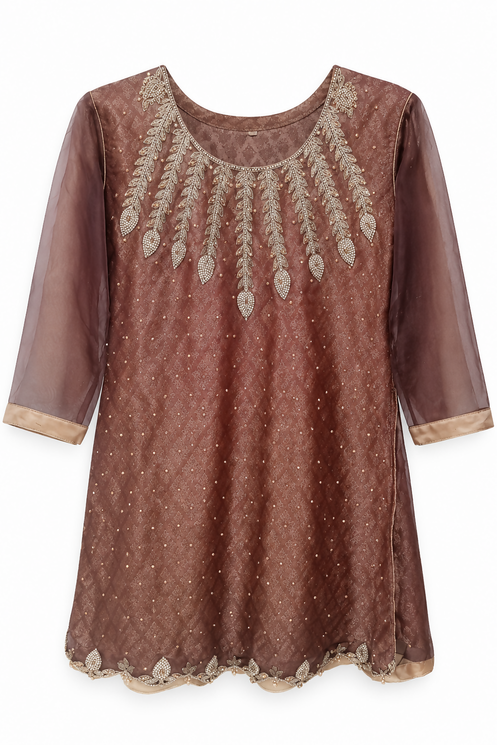 3PC Brown Embroidered Organza Dress | Women Locally Made Formals | Large | Worn Once