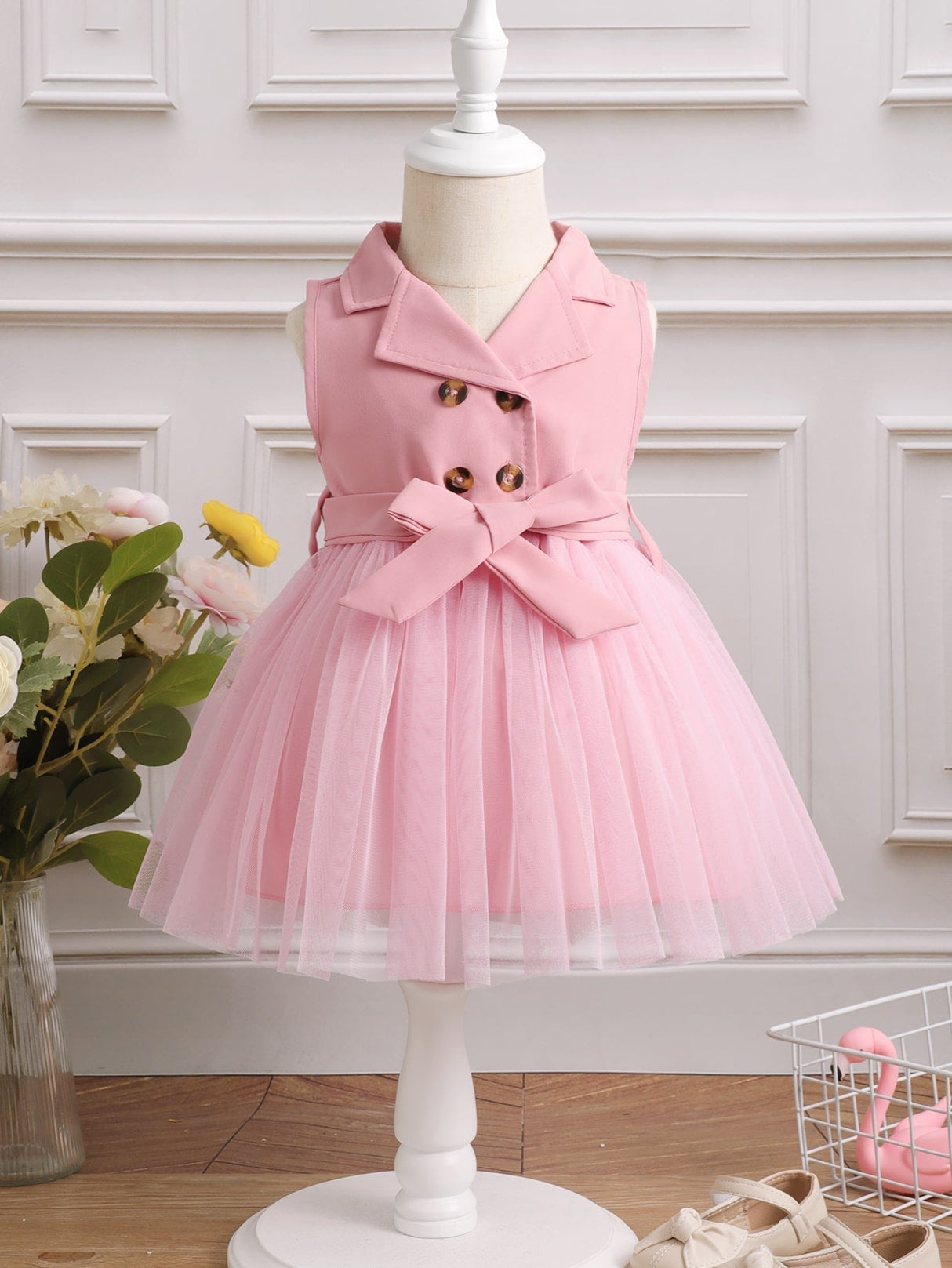 Buy SHEIN Baby Girl Double Button Mesh Hem Belted Dress in Pakistan