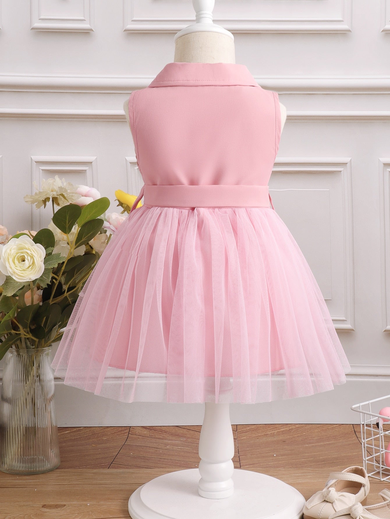 Buy SHEIN Baby Girl Double Button Mesh Hem Belted Dress in Pakistan