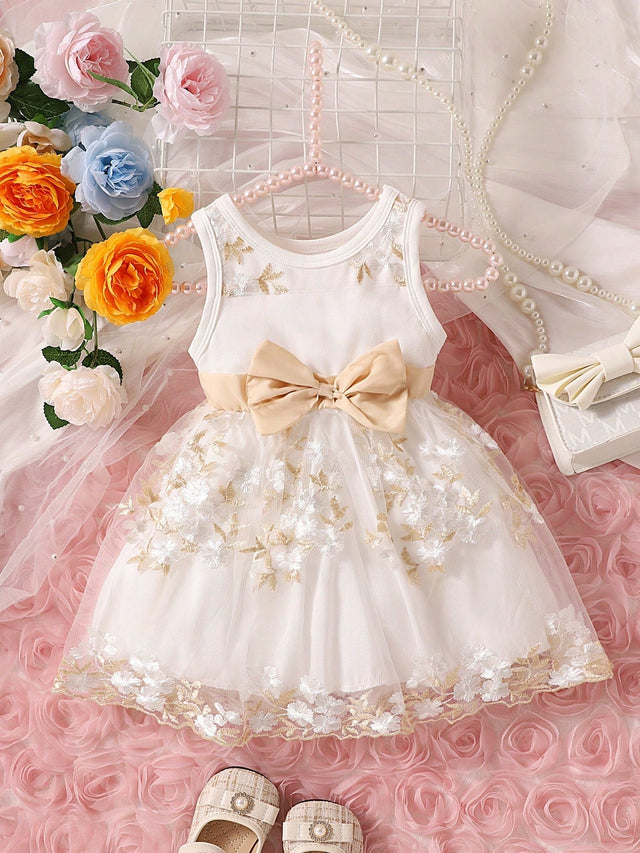 Buy SHEIN Baby Girl Floral Embroidery Bow Front Mesh Overlay Dress in Pakistan