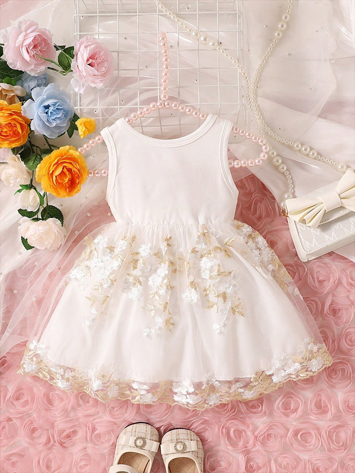 SHEIN Baby Girl Floral Embroidery Bow Front Mesh Overlay Dress – Bechlo.pk
