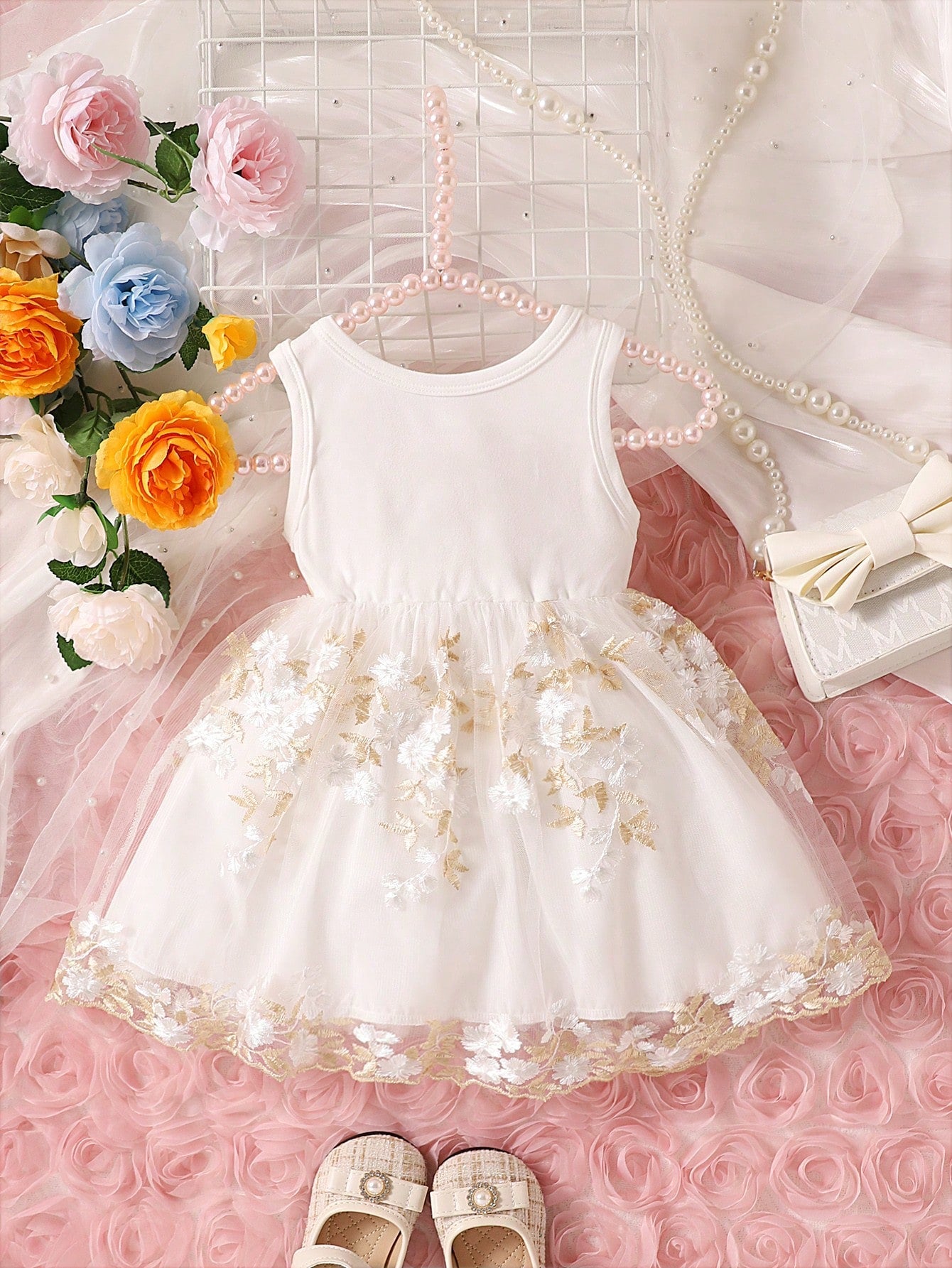 SHEIN Baby Girl Floral Embroidery Bow Front Mesh Overlay Dress – Bechlo.pk