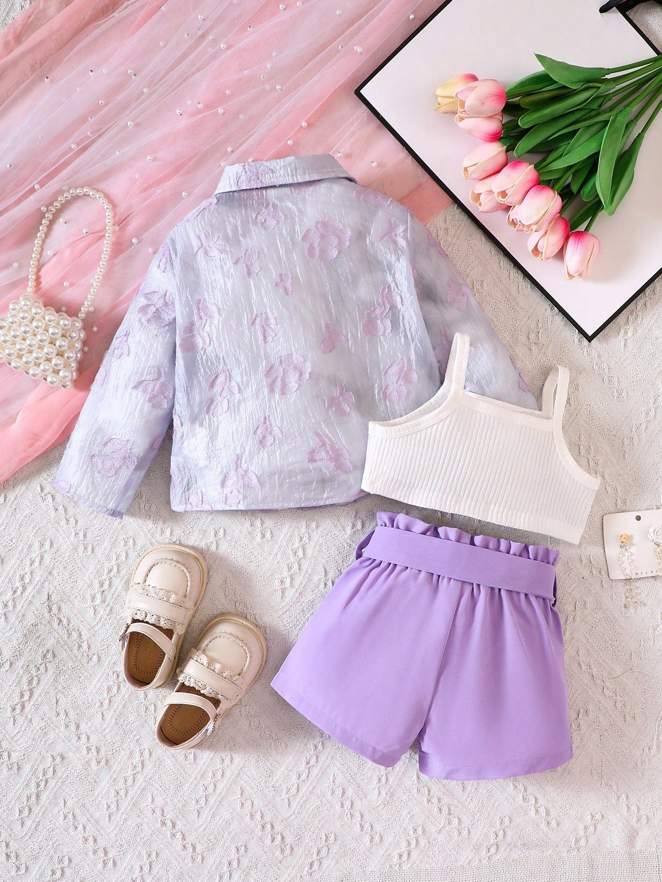Buy SHEIN Baby Girl Jacquard Shirt & Cami Top & Shorts in Pakistan
