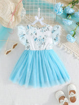 Buy SHEIN Baby Girl Summer Double-Layer Mesh Dress With Ruffle Sleeve Opening And Flower Print, Round Neck And Dual-Layer Mesh With Bow Decoration in Pakistan