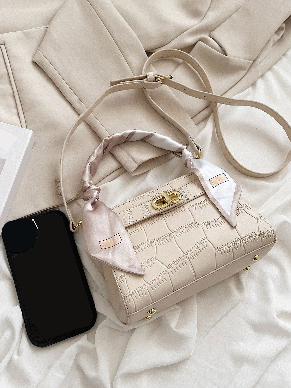 Buy SHEIN Bow Decor Elegant,,Old Money,Business Casual,Lightweight,Business Casual Mini Crocodile Embossed Twilly Scarf Decor Twist Lock Square Bag in Pakistan