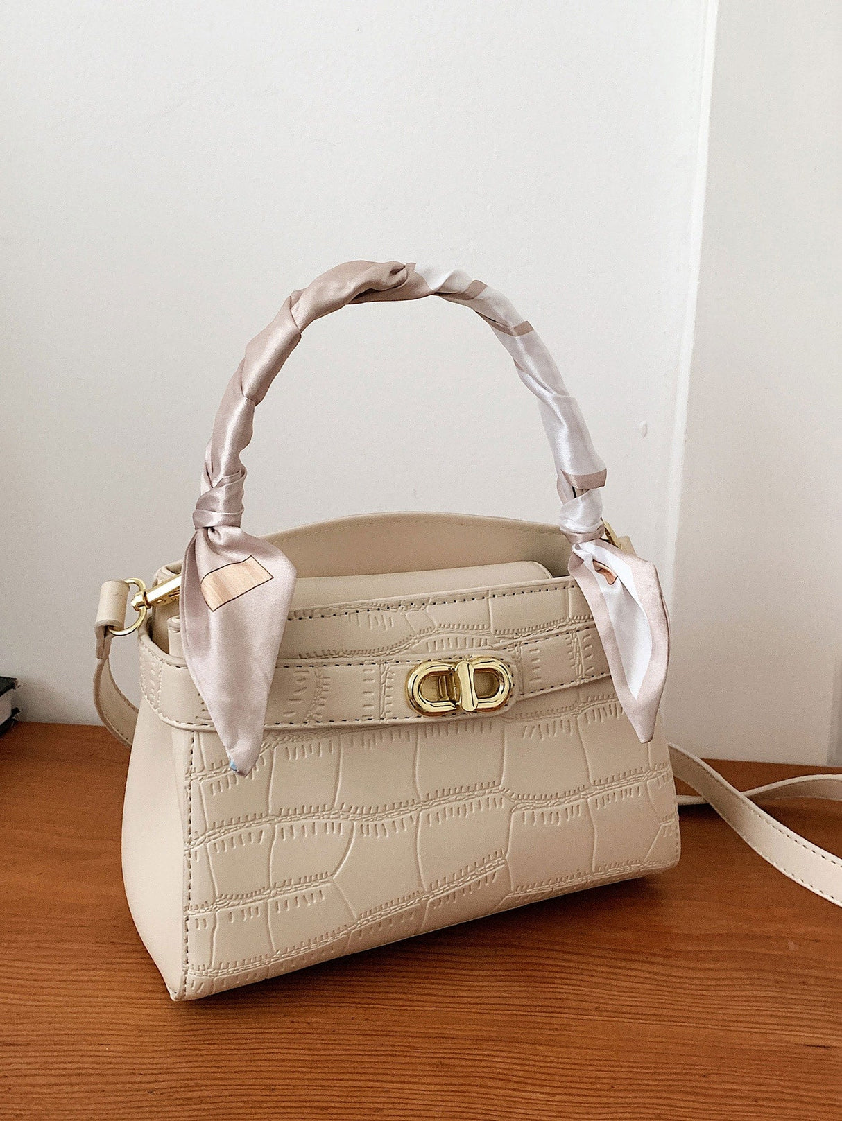 Buy SHEIN Bow Decor Elegant,,Old Money,Business Casual,Lightweight,Business Casual Mini Crocodile Embossed Twilly Scarf Decor Twist Lock Square Bag in Pakistan