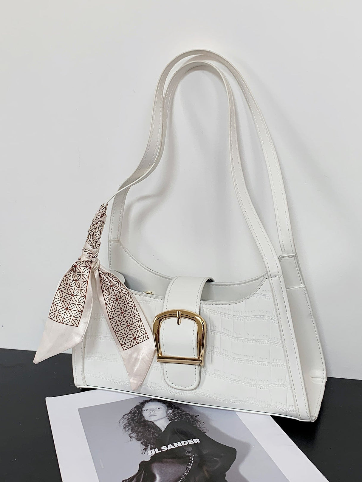 Buy SHEIN Bow Decor White Alligator Pattern Silk Scarf Decorated Armpit Bag in Pakistan
