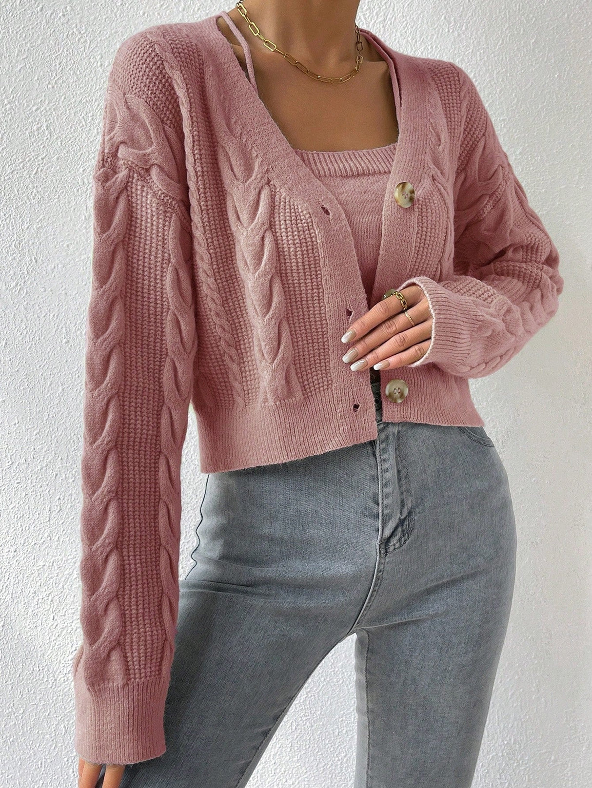 Buy SHEIN Cable Knit Drop Shoulder Cardigan & Cami Knit Top in Pakistan