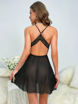 Buy SHEIN Contrast Lace Crisscross Front Mesh Cami Nightdress in Pakistan
