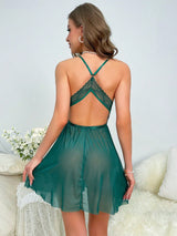 Buy SHEIN Contrast Lace Crisscross Front Mesh Cami Nightdress in Pakistan