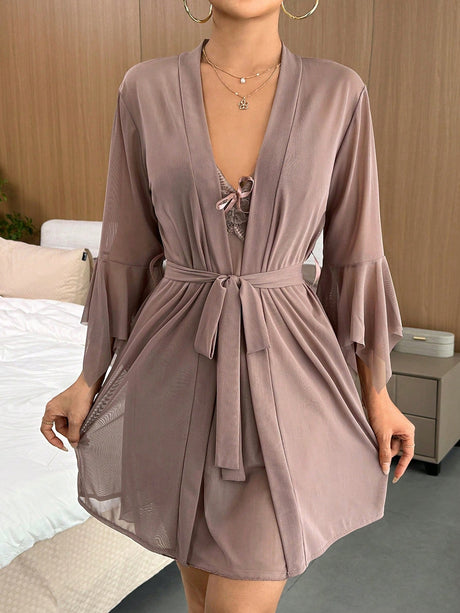 Buy SHEIN Contrast Lace Flounce Sleeve Bow Front Mesh Robe & Cami Dress PJ Set in Pakistan
