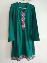 Bottle Green with Pink Floral Embroidery | Women Locally Made Kurta | XSmall | New
