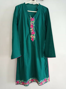 Bottle Green with pink floral embroidery | Women Locally Made Kurta | X Small | New