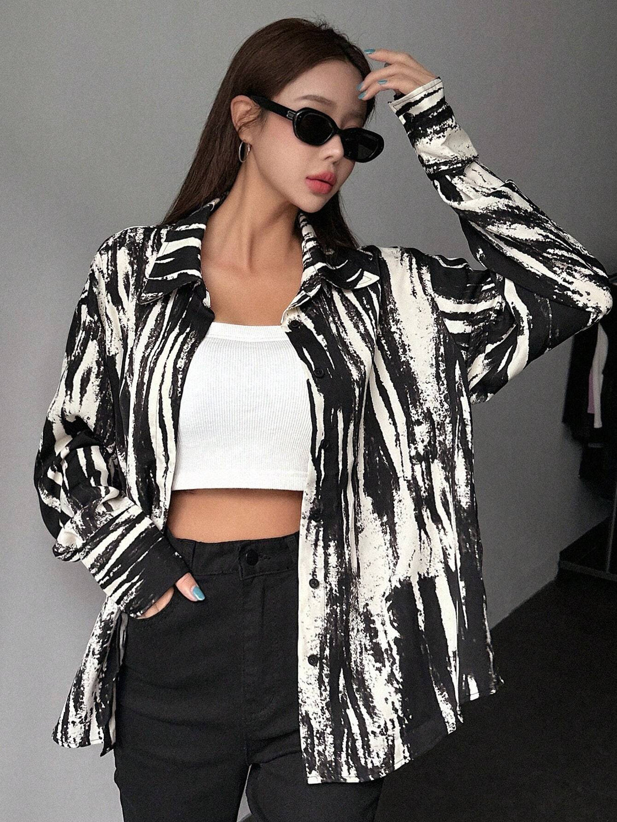 Buy SHEIN DAZY Brush Print Drop Shoulder Shirt in Pakistan