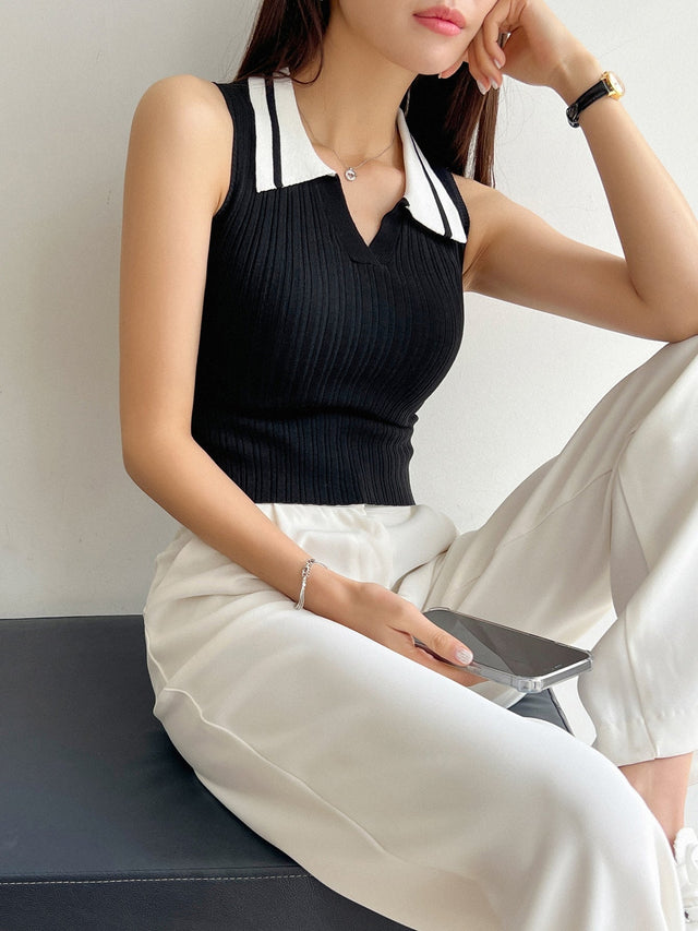 Buy SHEIN DAZY Contrast Collar Ribbed Knit Top in Pakistan