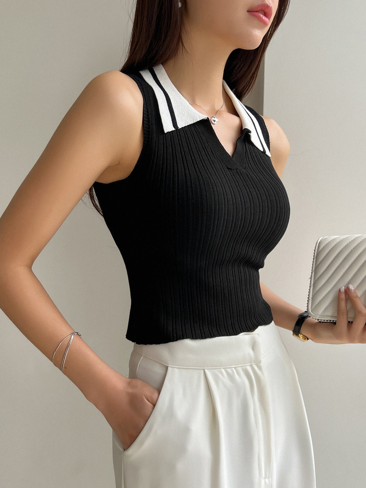 Buy SHEIN DAZY Contrast Collar Ribbed Knit Top in Pakistan