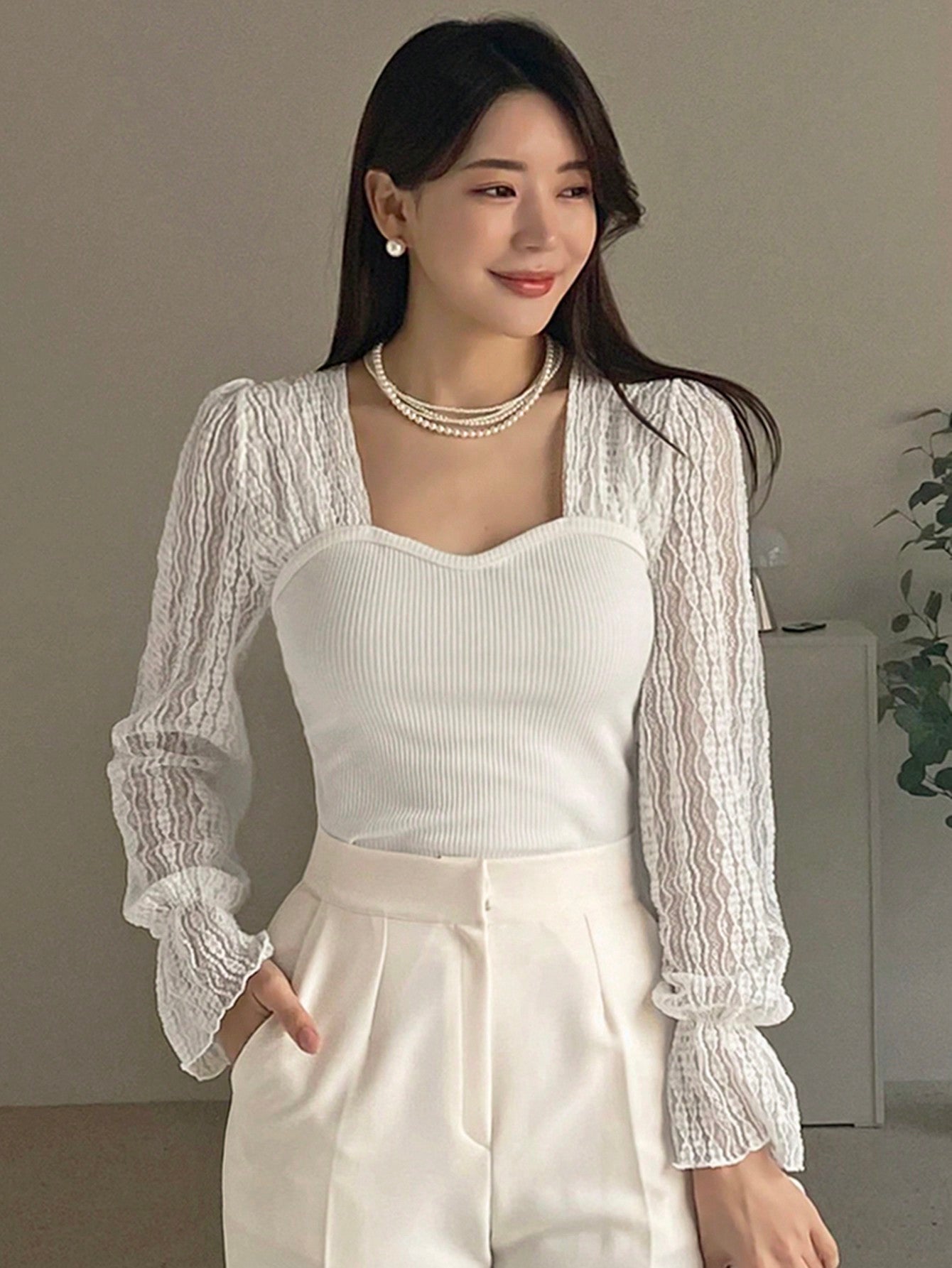 Buy SHEIN DAZY Contrast Lace Flounce Sleeve Sweetheart Neck Top in Pakistan
