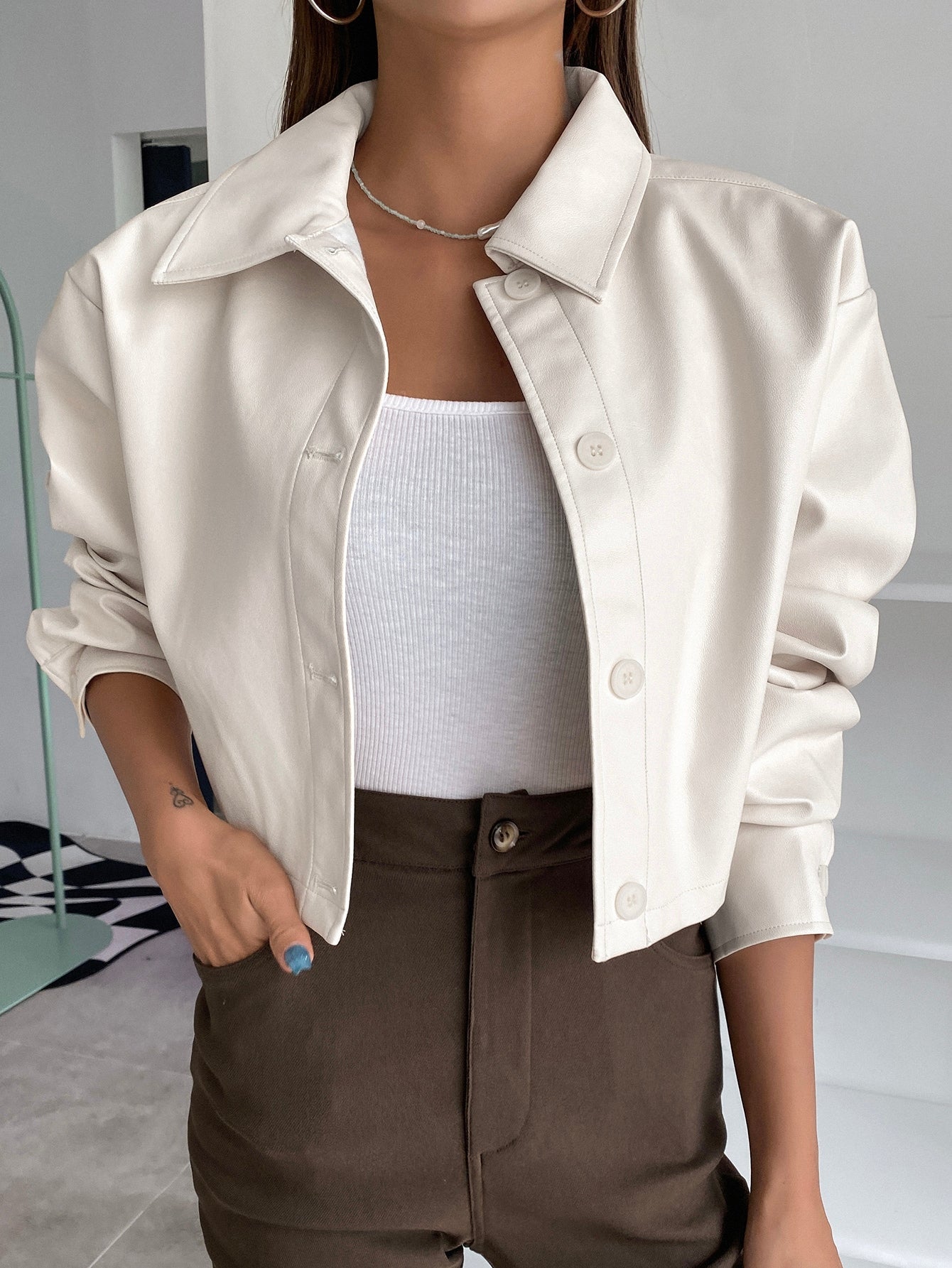 Buy SHEIN DAZY Kpop Button Front PU Crop Jacket in Pakistan